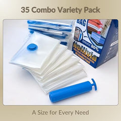 25 Pack Vacuum Storage Bags, Compression Space Saver Bags for Comforters, Blankets and Clothes, Durable Seal, Puncture Resistant, Safe Poly Material, Preserves and Protects, Hand Pump Included