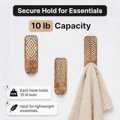 IndianShelf 6 Decorative Wood Adhesive Wall Hooks No Drill - Fork Art | Handmade, Renter Friendly, Waterproof, Reusable, Peel and Sticky Hooks for Keys, Towel, Bags, Light Coat, Jewelry, 10Lb Load