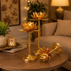 Easyera Decorative Lotus Candle Holder Set of 3| Gold Metal Tealight Holder for Home Decor | Lotus Diya Stand for Diwali, Pooja & Wedding Decoration | 12, 10 & 8 Inch