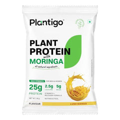 Plantigo Plant Protein Powder with Moringa Superfood | 25g Protein, 5g BCAA, 2.5g Leucine, Digestive Enzymes | 3rd Party Lab Tested | Lush Mango Flavor - Travel Pouch