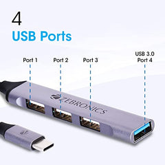 ZEBRONICS TA210U, 4 in 1 Type-C to USB Hub, USB 3.0, 4 USB Ports, Speeds Upto 5 Gbps, Metal Body, for Mac | Laptops, Black