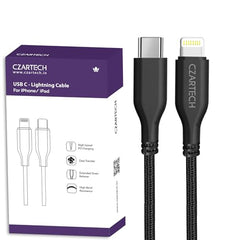 Czartech [1.2 Mt USB-C 20W Fast Charging cable Compatible with i-Phone,14,13, 12,11, X, 8, 7, 6, 5, i-Pad iPad Air and More [Nylon Braided,Black - Pack of 2]