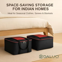 DALUCI Underbed Storage Bags for Clothes Pack of 4 Large Moisture Proof Organizer with Zipper Non Woven Foldable Storage Bag for Blanket Saree Wardrobe 54 x 46 x 26 cm (Black & Red - Large, 4 Pack)