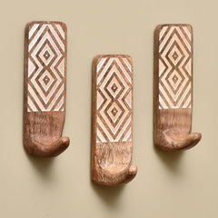 IndianShelf 6 Decorative Wood Adhesive Wall Hooks No Drill - Fork Art | Handmade, Renter Friendly, Waterproof, Reusable, Peel and Sticky Hooks for Keys, Towel, Bags, Light Coat, Jewelry, 10Lb Load