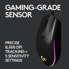 Logitech G102 Light Sync Gaming Mouse with Customizable RGB Lighting, 6 Programmable Buttons, Gaming Grade Sensor, 8K DPI Tracking,16.8mn Color, Light Weight - Black