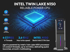 SKULLSAINTS Agni Mini PC – Vibrant LCD Screen, M.2 SSD, Mini Tower with RGB Lights, WiFi 6, 4K UHD, Dual LAN for Home and Office (16+512, 13th Gen N150)