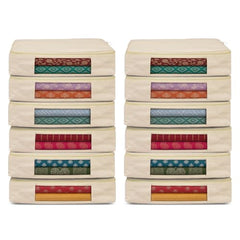 JD FRESH 3 Pcs Cotton Saree Covers/Storage Bags with Zip Cover/Space Saving Bag with Transparent Window/Wardrobe & Cupboard Organizer for Clothes/Bedsheets/Lehengas (16 x 13 x 3 Inch/Off White)