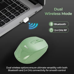 Foxin Flow Wireless Mouse with Rechargeable Battery, Bluetooth & 2.4 Ghz Dual Connectivity, 4 Buttons, Upto 1600 DPI, Type-C Charging | Ergonomic Office Mouse for Laptop, MacBook, PC | Green