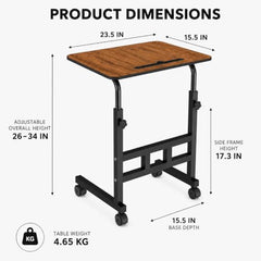 Amazon Basics Adjustable Sofa Side Table with Wheels, Portable Bedside Table for Bed and Sofa, Rolling Study Desk, Height Adjustable 26-34 Inch, 23.5 x 15.5 Inch Top Brown