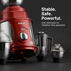 Indicon Rover 1350W Copper Motor Mixer Grinder with 4 Jars (3 Stainless Steel + 1 Juicer Jar), 3-Speed Control, Heavy Duty Grinding & Blending for Kitchen, Unbreakable ABS Body, Red