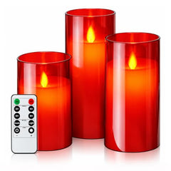 Flameless LED Pillar Candle Set of 2 | Acrylic Fiber Glass | Dancing Faux Wick | Remote Control with Battery Operated 3 AA | Home Décor & Gifting | 3" D x 6" H | Red
