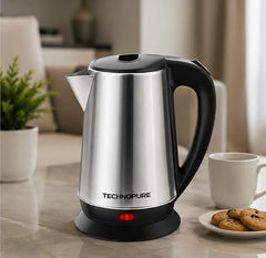 Technopure 1.8L Electric Kettle | 1500 Watt Fast Boiling Stainless Steel Water Boiler | Auto Cut Off | Dry Boil Protection | Cordless 360° Base | Tea, Coffee & Noodles Maker | Silver & Black (TP-010)