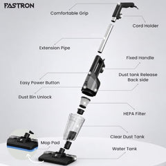 FASTRON Turbo Sweep 3-in-1 Handheld Vacuum Cleaner | 600W Corded with 20KPA Suction | Wet & Dry Vacuuming with Floor Mopping | 200ml Water Tank for Home & Car Cleaning