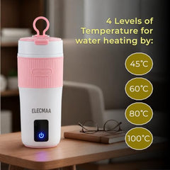 Elecmaa 2 in 1 Car Electric Kettle & Bottle 400ml, Pink | For office, car, home and travel, Ideal for Homes (220v) & Car, office 12-24V DC, 4 Temp & Digital Touch Ctrl