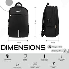 F Gear Omega Black 25L Laptop Backpack with USB Charging Port & Number Lock | 2 Compartments & 1 Pocket | Anti-theft, Durable, Comfortable & Water-Resistant bag for Men Women, Fits Upto 17 Inch Laptop