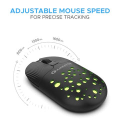 Amkette Hush Pro Spectra 2.4 GHz Silent Switch Wireless Mouse with Ergonomic Design, Rechargeable Battery, High Precision, 3 DPI Settings, LED Lights, and Smart Auto Sleep Function (Black)