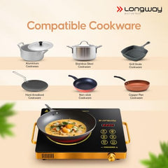 Longway Infralite Pro 2200W Infrared Hot Plate Cooktop with Steel Grill Rack, Crystal Glass Top, Touch Panel & Digital Display, 4 Preset Modes – Stir Fry, BBQ, Hot Pot & Steam, Black