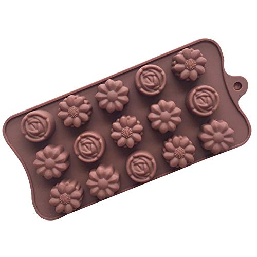 SYGA Silicone Rose & Candy Flowers Shape Chocolate Jelly Candy Mold, Cake Baking Mold, 15-Cavity Bakeware Mould, Brown