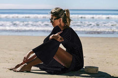 MOMISY Women's Crochet Summer Beach Dress Long Sleeve Square Neck Floral Lace Hollow Bikini Cover Up Cardigan Beachwear Dress - Black