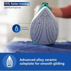 Philips Speed Pro DST3030/70 Steam iron, Green | 2400W, 40g/min Steam, 180g Steam Boost Ceramic Soleplate, Auto Shut-off, Drip Stop Technology, Large 300ml Water Tank