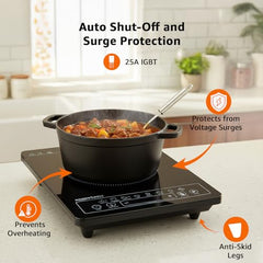 Amazon Basics 1600W Induction Cooktop | 7 Pre-Set Cooking Menus | LED Display | Smart Push Buttons I Energy Efficient, Auto Cut-off, 20A IGBT & 4KV Surge Protection I Black