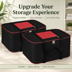 DALUCI Underbed Storage Bags for Clothes Pack of 4 Large Moisture Proof Organizer with Zipper Non Woven Foldable Storage Bag for Blanket Saree Wardrobe 54 x 46 x 26 cm (Black & Red - Large, 4 Pack)