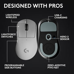 Logitech G PRO X Superlight 2 DEX Lightspeed Wireless Gaming Mouse, 60g Pro-Grade Lightweight Mouse with 5 Programmable Buttons, 44k DPI Sensor, USB-C Charging, for PC/Mac - White