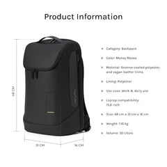 MOKOBARA Transit Backpack | Fits Laptop Up To 16 Inch, 30L Capacity, Water-Resistant Polyester, Vegan Leather Trims | Money Moves, Black