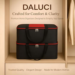 DALUCI Underbed Storage Bags for Clothes Pack of 4 Large Moisture Proof Organizer with Zipper Non Woven Foldable Storage Bag for Blanket Saree Wardrobe 54 x 46 x 26 cm (Black & Red - Large, 4 Pack)