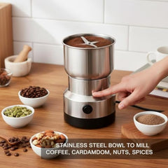 Electric Mini Mixer Grinder Machine Stainless Steel, Coffee Bean Grinder & Masala Chopper With Blade, Push Button, Corded Mini Blender for Spices, Herbs, Nuts, Grains and Kitchen Use