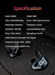 KBEAR KB01 in-Ear Monitor Wired Earphones, Beryllium Diaphragm Dynamic Driver HiFi Headphones Clear Sound Good Bass Wired Earbuds for Musicians Singer Stage with OFC Cable/Resin Cavity