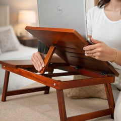 Laptop Table, Laptop Table on Bed, Foldable Bed Desk with Side Cup Holder, Portable Lap Tray for Study and Work (Honey Finish)