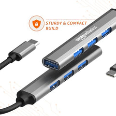 Amazon Basics 4-in-1 Hub Multiport Adapter, USB Hub with Aluminium Shell, 1 x USB 3.0 & 3 x USB 2.0 for PC, MacBook, Mac mini, iMac, Tablet, and Mobile Phones