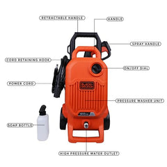 BLACK+DECKER BEPW1600 1300W 1600 PSI 110 Bar Pressure Washer for Car, Bike, Home & Garden Cleaning Use with Multiple Accessories Included, 1 Year Warranty, Orange & Black