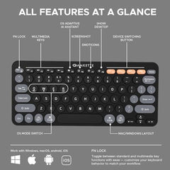 Amkette New and Improved Optimus BT 4-in-1 Multi-Device Wireless Keyboard, Pop Keys, Bluetooth, One-Click Device Switching, AI Access, Dual OS Layout, Windows, macOS, Android & iOS Compatible, Black