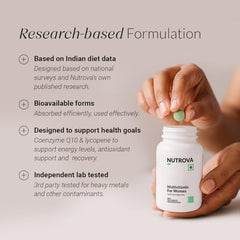 Nutrova Multivitamin For Women - Daily Multivitamins with bioavailable Iron bisglycinate, CoQ10 and Lycopene - Optimized for Indian Diets - 60 Tablets.