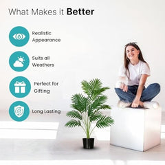 GARDEN GYANI Artificial Areca Palm Plant with Black Pot – 145 cm Tall Faux Tropical Decorative Plant with 35 Leaves for Home, Office & Living Room Décor