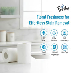 Amazon Brand - Presto! 2 Ply Kitchen Tissue Paper Roll | 720 Pulls | 60 Kitchen Towels X 12 Rolls | Soft And Highly Absorbent | 100% Natural Virgin Cellulose Fiber