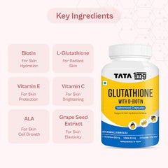 TATA 1MG Glutathione Advanced Capsule with Vitamin C E Biotin Grape Seed Extract For Skin Glow Hydration Radiance Pack of 30 Tablets
