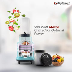 DIGISMART 500W Nutri Mixer Grinder 2 Jars 22000 RPM Motor Speed For Chutney, Juice and Shake, Fast Grinding Stainless Blade, Long Lasting Shock Proof ABS Body, 1 Years Warranty - Blue