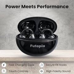 FUTOPIA Loop (OWS) Wireless Bluetooth Earbuds 5.4, Open Ear Design, 10mm Copper Speaker, 300mAh Charging Case, Type-C Fast Charging, HD Sound, BT Name Change, Built-in Mic-Black