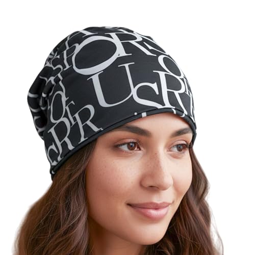 MOMISY Women Unisex Winter Beanie Hat & Neck Warmer | Knitted Multifunctional Scarf Cap with Letter Print | Warm Pullover Hat (in, Alpha, Free Size, AlphabetBlack)