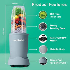 Nutribullet Pro 900W Slate, 12 Pcs Set, USA #1 Mixer/Grinder/Smoothie Maker, "The Original Nutribullet", Best Blender, Food Processor, 3 Unbreakable Jars, 2 Blade Sets(Wet & Dry), 900W, 2 Yrs Warranty