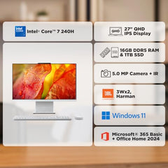 Lenovo IdeaCentre AIO Intel Core 7 240H 27" QHD (16GB RAM/1TB SSD/Win11/Microsoft 365 Basic + Office Home 2024/3Wx2 Harman Speakers/Wireless EOS Keyboard & Mouse, Grey), F0HM00PXIN All-in-One Desktop
