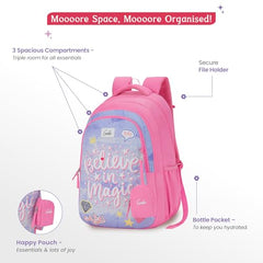 Genie Elsie School Backpack For Girls |19 In-36 Ltr with Laptop Sleeve, Rain Cover and Three Compartments with Padded Shoulders |Best for Books,Stationery,Lunch Box & Essentials - Lavendar,Multicolor
