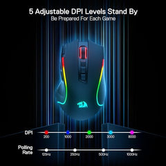 Redragon M612AK PRO RGB Gaming Mouse, 8000 DPI Wired/Wireless Optical Mouse with 9 Programmable Buttons & 7 Backlit Modes, BT & 2.4G Wireless, Software Supports DIY Keybinds Rapid Fire Button