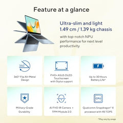 ASUS Vivobook S14 Flip (2026),Snapdragon X X1 26 100,AMD Radeon iGPU,8GB RAM,512GB SSD,FHD+,Touchscreen,14"(35.5 cm),Win 11,M365 Basic(1Y),Office 24,Light Blue,1.39 Kg,TP5408QA-U2093WS,Flip Laptop
