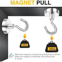 RULOKSHA Heavy Duty Magnetic Hooks, Holds Up to 13.6 kg (30 lbs), Strong Neodymium Rare Earth Magnets with Nickel Coating for Kitchen, Refrigerator, Office, Garage & Home (Silver, 3)