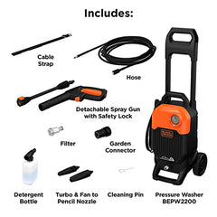 BLACK+DECKER BEPW1600 1300W 1600 PSI 110 Bar Pressure Washer for Car, Bike, Home & Garden Cleaning Use with Multiple Accessories Included, 1 Year Warranty, Orange & Black