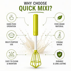 Quick Mixi Hand Push Blender, Manual Egg Beater & Milk Frother for Coffee, Lassi, Buttermilk, Protein Shakes, Kitchen Hand Mixer, Green